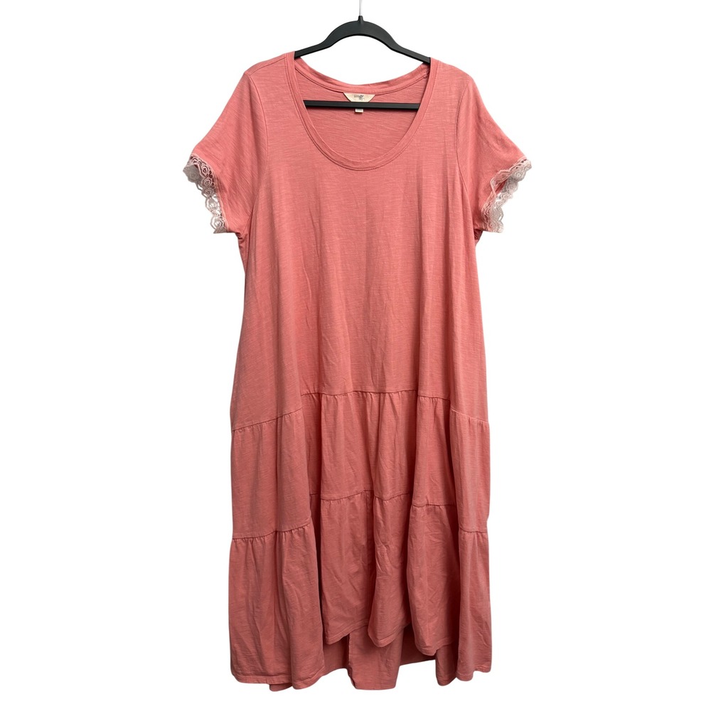 Terra & Sky Mauve Glow Cotton Tiered Midi Dress Lace Trim Pockets 0X 14W Grandma